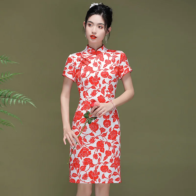 

Vintage Red Dress Women Chinese Style Young Girl High Quality Silk Stand Collar Short Sleeve Elegant Slim Improved Cheongsam