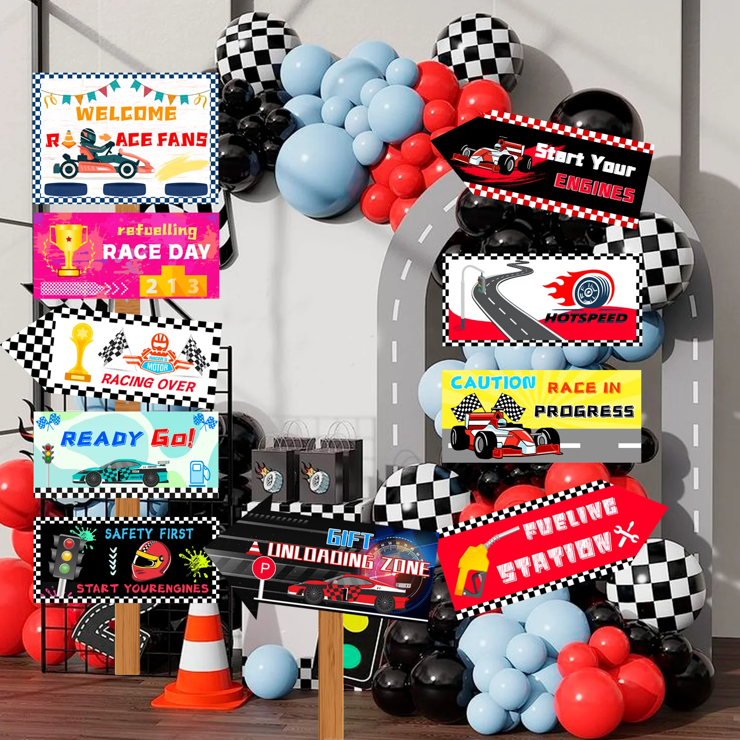 Racing Car Party Signs,10pcs Race Car Birthday Party Decorations Signs Set-Race Birthday Signs,Street Sign&Traffic Signs etc