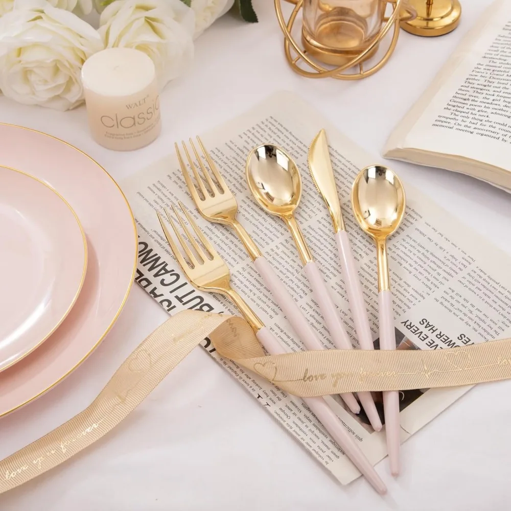 I00000 300 Pack Gold Plastic Silverware with Pink Handle, Pink Plastic Silverware Set, Kitchen Utensils- 100 Forks, 100 Kni