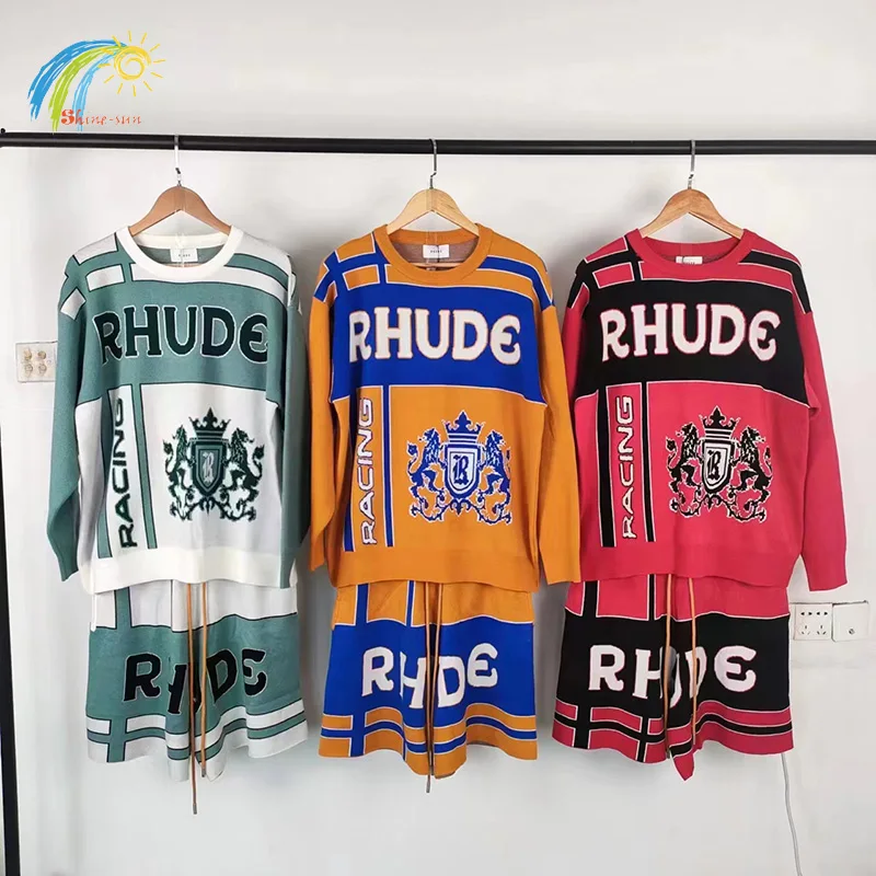 

23FW High Quality Trophy Style Rhude Knitted Sweatshirts Men Women Casual Oversized Colour Matching Jacquard Logo RHUDE Sweater