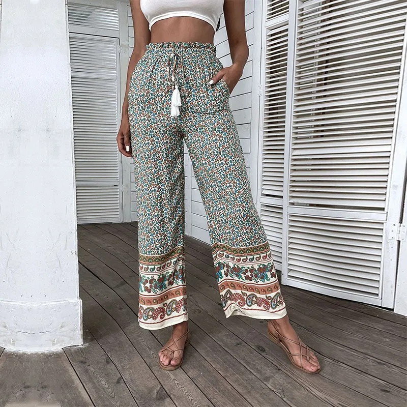 white capri leggings New Women's Lace Up Pocket European And American Summer Printed Pants Bohemian Wide Leg Pants denim capris Pants & Capris