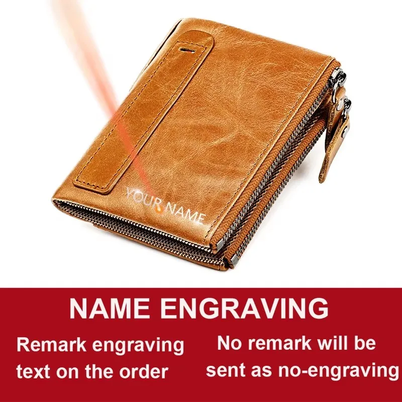 Genuine Leather RFID Card Holder & Coin Purse with Name Engraving - Short Style, Double Zipper, Unisex Design