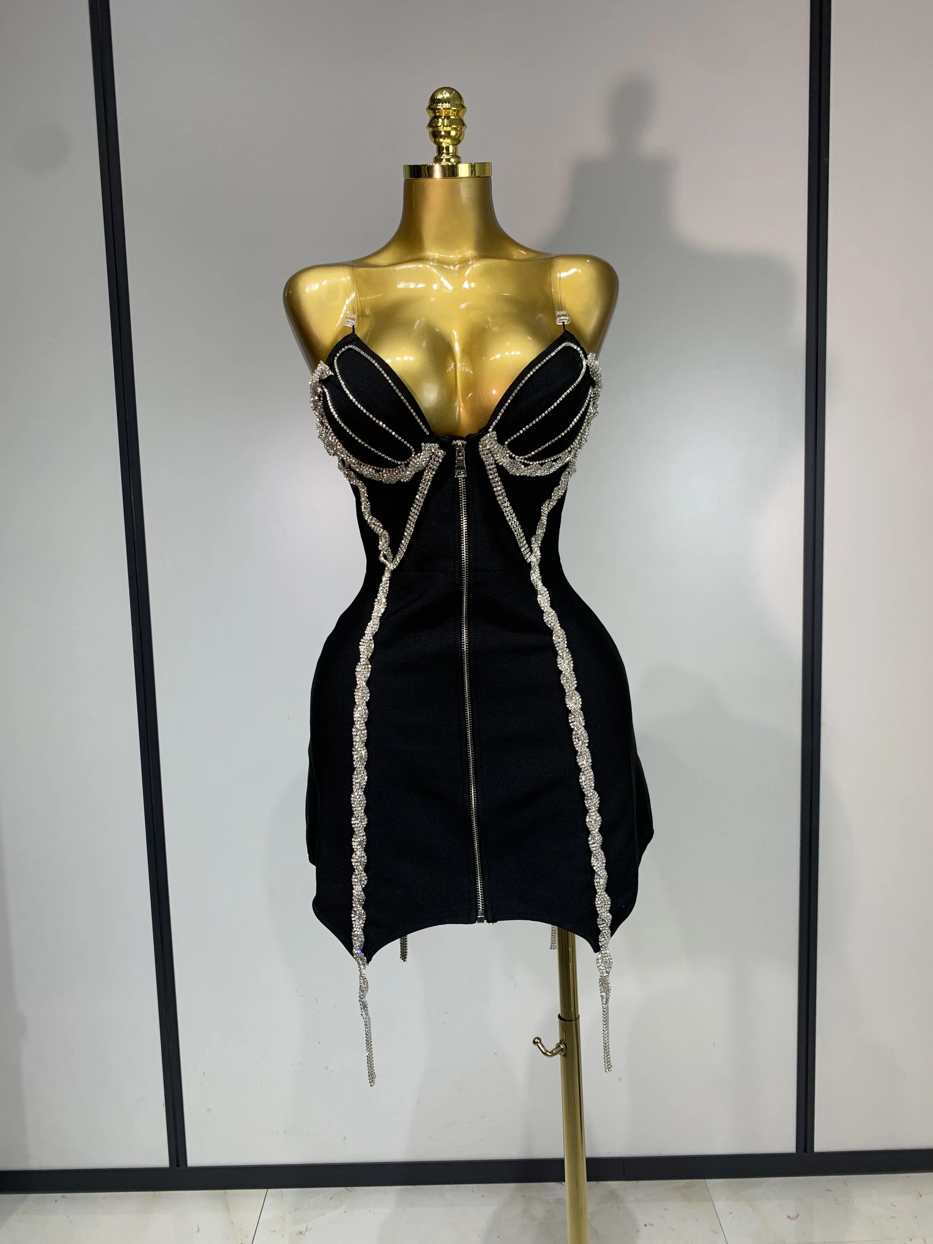 Black Red Women Sleeveless Sexy Big Crystal Sparkly Bodycon Mini Bandage Dress Celebrate Birthday Party Nightclub Outfit Vestido