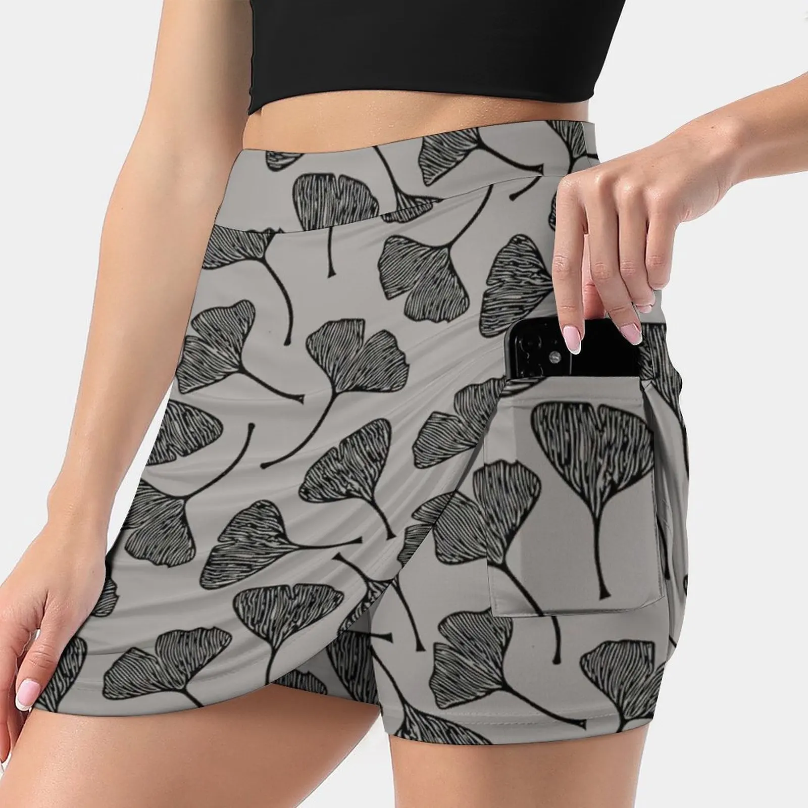 

Ginkgo Vector Black On Warm Grey Women's skirt Mini Skirts A Line Skirt With Hide Pocket Ginkgo Ginko Gingko Leaf Leaves Nature