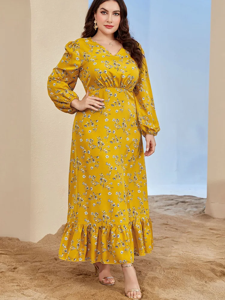 Plus Size Women Elegant Party Evening Maxi Dresses 2023 New Spring Autumn Yellow Long Sleeve Casual Floral Print Formal Clothing