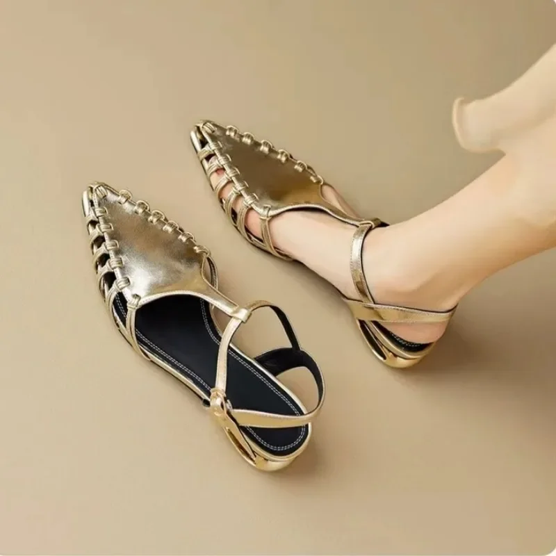 

Red Hollow Out Women's Shoes 2024 Luxury Designer Genuine Leather Handmade Sandals, Gold Irregular Heel Platform Single Shoes