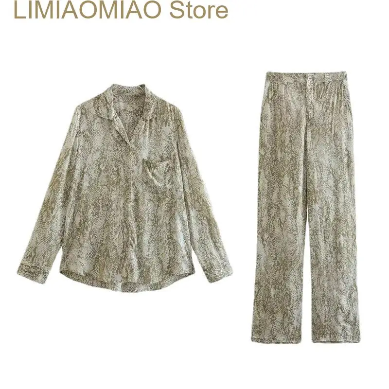 New Summer Animal Grain Print Shirt Pants Sets Casual Loose Long Sleeve Shirts High Waist Trouser Suits Fashion Pocket Suit