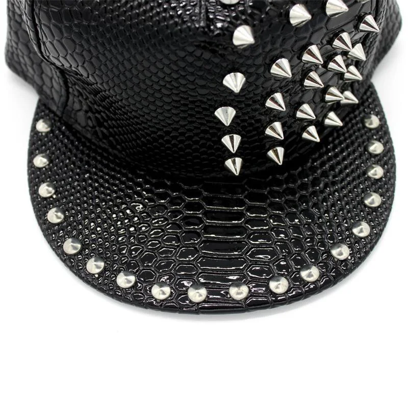 Men Women Sport Sunscreen Hip Hop Street Dance Adjustable Hat Novel Rivet Snakeskin PU Leather Punk SunShade Baseball Cap U12