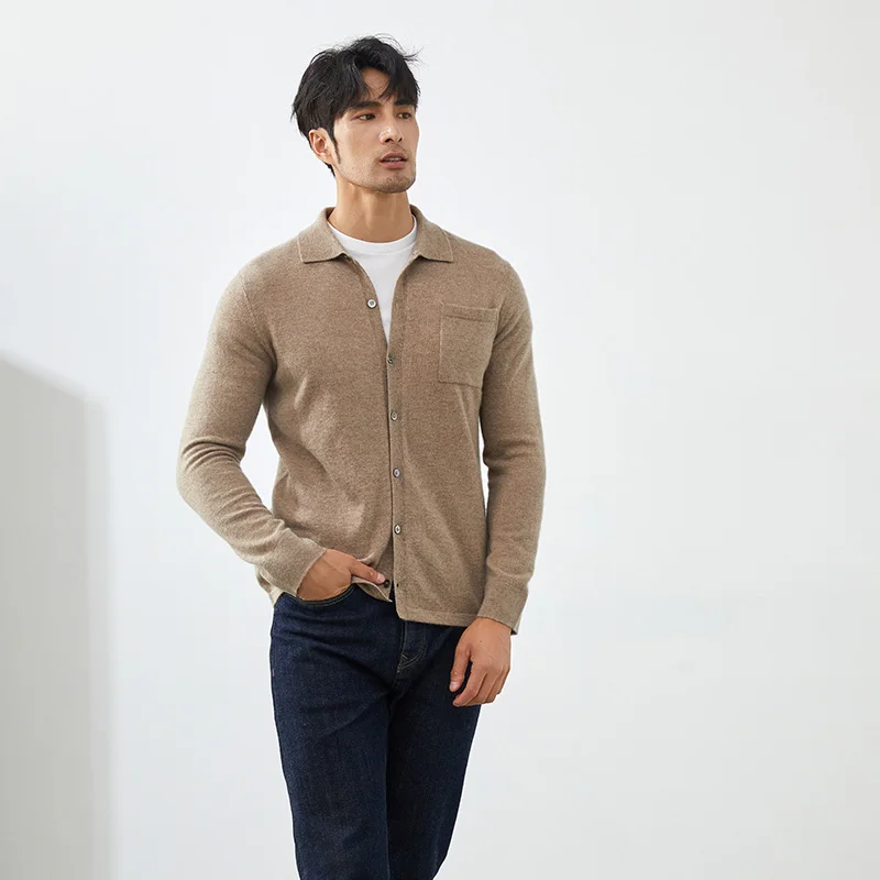 100% Goat Cashmere Cardigan Men's POLO Collar Cardigan Spring and Autumn New style Knitted Long Sleeve Sweater Men's Shirt