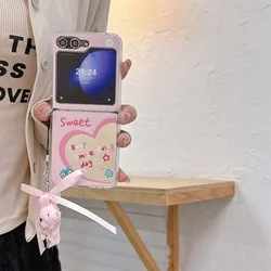 Stylish Mirror Cartoon Bear Phone Case with Bracelet and Slim Plating Design for Galaxy Zflip5 (Love Rabbit)