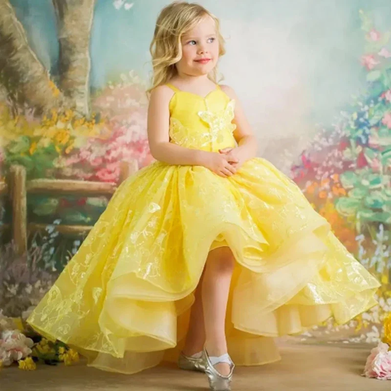 

Yellow Lace Flower Girl Dresses For Wedding Party Straps Pageant Gowns Sleeveless Tulle Appliqued Floor Length Kids