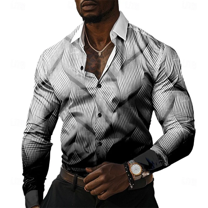 thumbnail image 1 of Camisa estampada de línea informal para hombre 2024, formal, de verano, primavera y otoño, con solapa, manga larga, negra, verde, talla grande S-5XL, envío rápido, 1 of 4