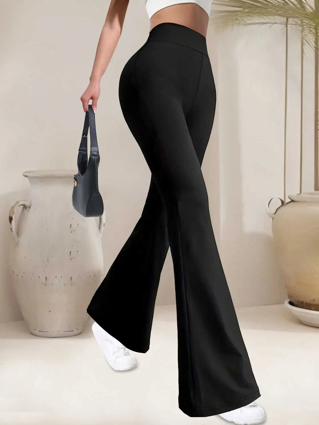 Women's high waisted black bell bottom pants high elasticity