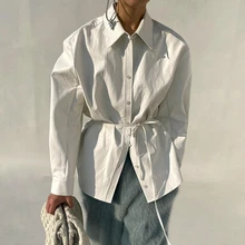 

Women PU Blouses 2022 New Spring Autumn Faux Leather Basic Casual Office Lady Shirt with Belt Turn-Down Collar Female Tops