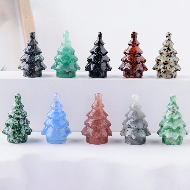 

10pc Christmas Tree Statue Natural Stone Crystal Carved Healing Figurine Reiki Gemstone Crafts Home Desktop Decoration Gifts