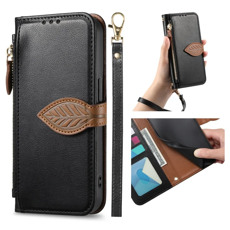 Leaf Buckle Leather Wallet Phone Case - Premium Card Holder Cover