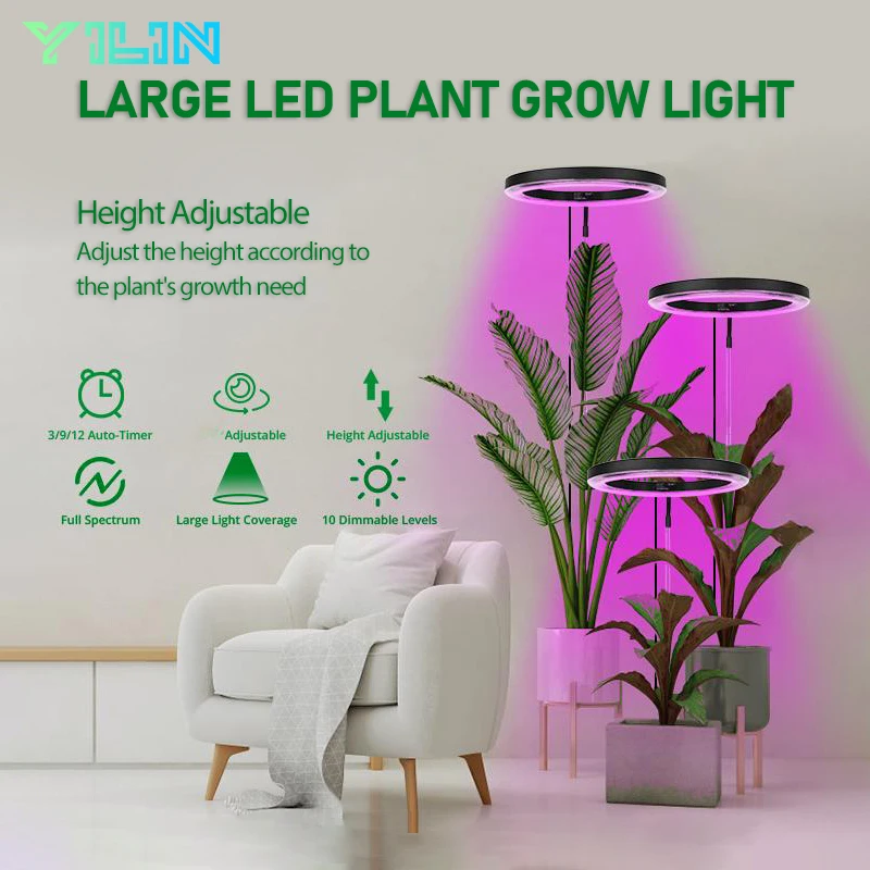 Grow Light Four Heads, Full Spectrum LED Grow Light, Instelbare Helderheid, Ondersteunt 8H, 12H en 16H Timer Functie, USB-stekker, Strip Groeiende Lamp voor Succulent, Potplant(Zonlicht