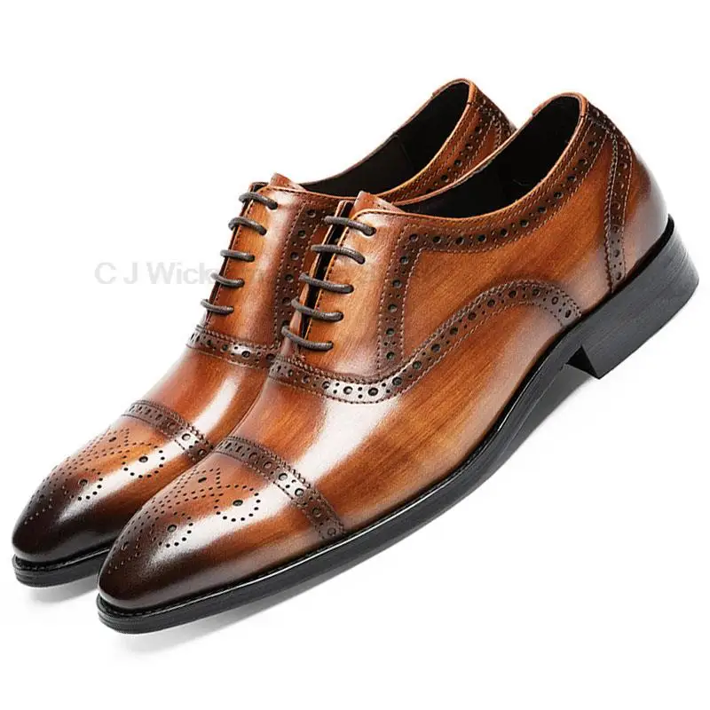 

Toe Cap Mens Oxford Shoes Black Brown Genuine Calf Leather Luxury Brand Lace Up Business Office Brogue Dress Shoes For Men