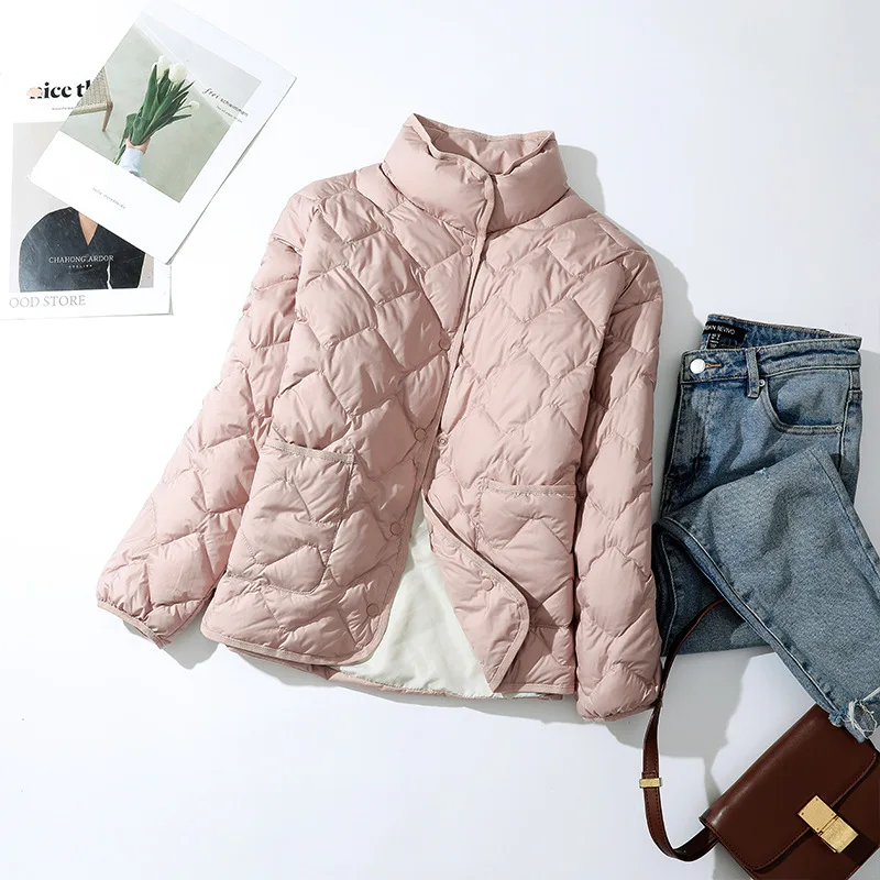 New Lightweight White Duck Down Jacket Parka Women Diamond Lattice Autumn Winter Oversize Coat Female Short Stand Collar Outwear 2021 autumn winter new waist down padded jacket women s mid length slim large size diamond lattice lightweight jacket