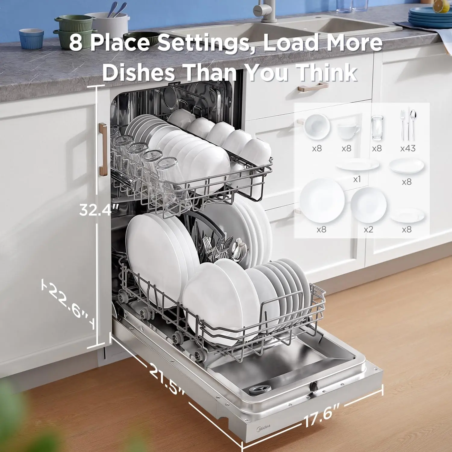 Built-in Dishwasher with 8 Place Settings, 6 Washing Programs, Stainless Steel Tub, Heated Dry, Energy Star, White 3