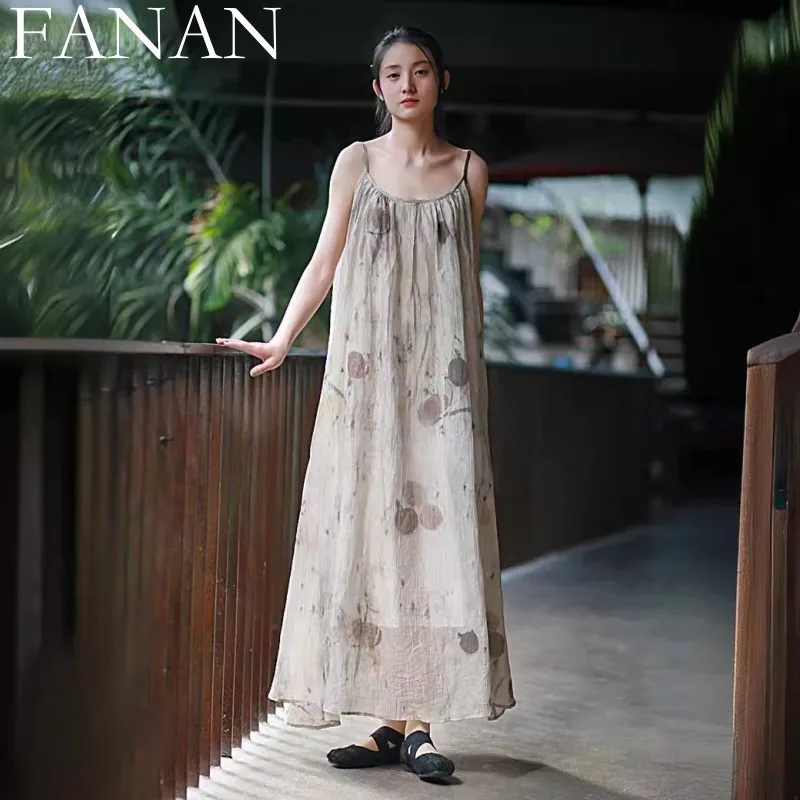 

2024 Summer New Printed Wrinkled Camisole Dress Women Chinese Style Cool Sleeveless Camisole Dress LX116
