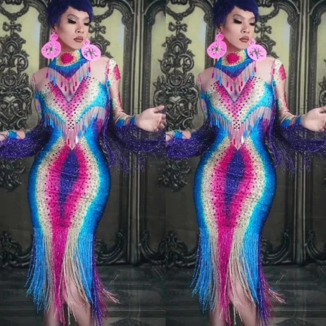 

Colorful Rhinestones Fringes Perspective Dress Evening Celebrate Spandex Dresses Tassel Costume Dance Dress