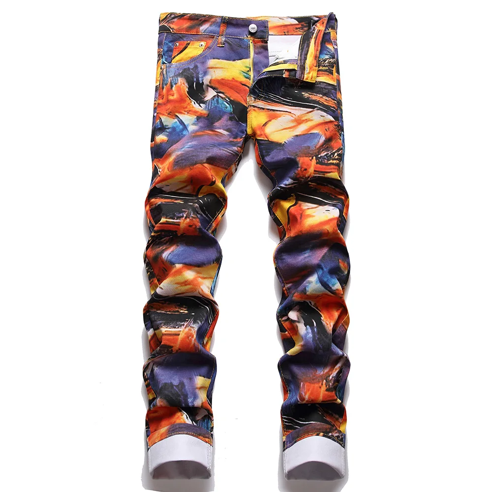 

2023 Men's Jeans Painting Digital Printed Jeans Fashion Fancy Color Slim Tapered Stretch Cotton Denim Pants Streetwear Trousers