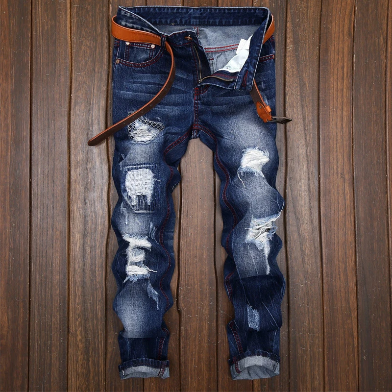 High Quality Men Casual Jeans Denim Hole Ruined Hip Hop Biker Straight Pants Male Casual Pants Plus Size 4