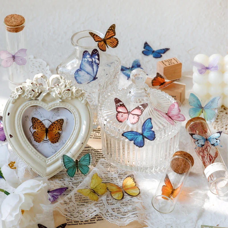 Decorative Stickers 40pcs Colorful Butterflies Decoupage Scrapbooking PET Stickers Kawaii Stationery Decals Notepad Art Students Phone Case