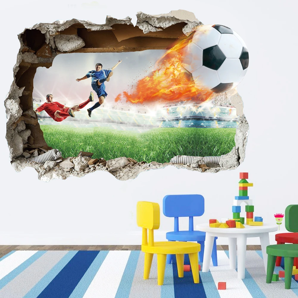Championship football Broker hole Decor wall stickers for kids bedroom Home Decor mural Living room Decal Cartoon Art wall paper