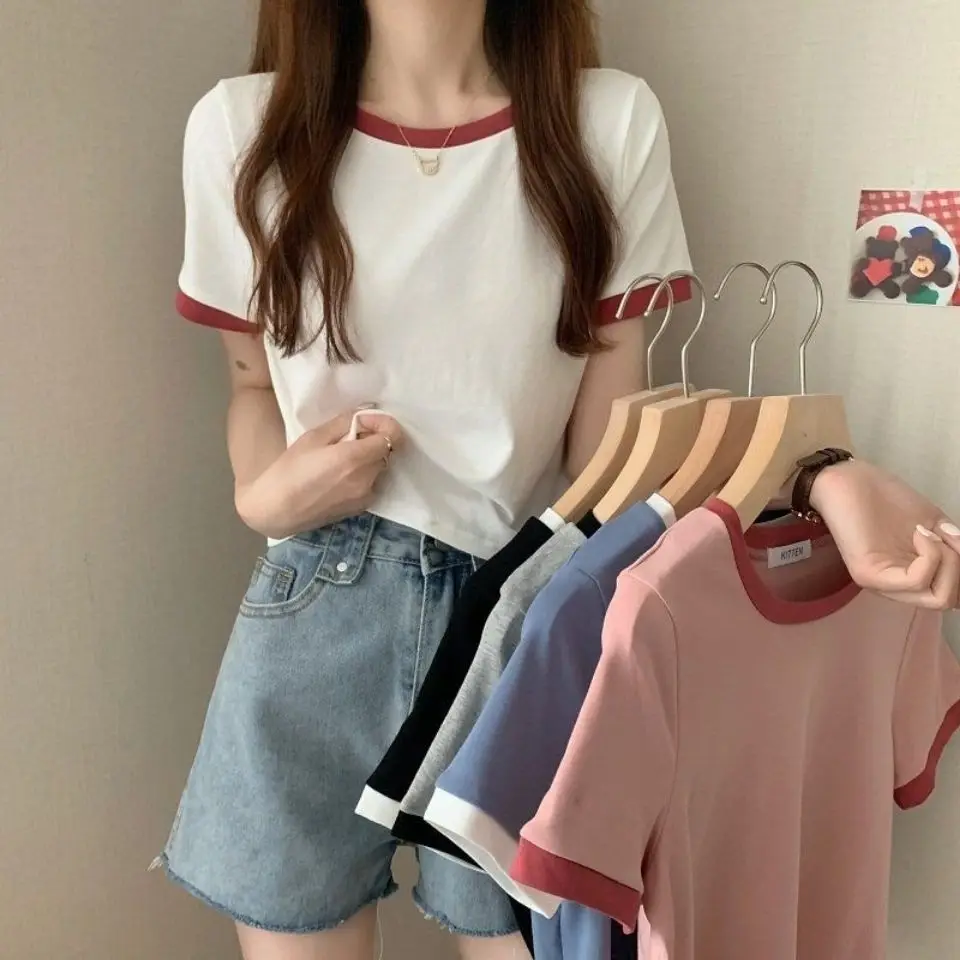 

Y2k Contrast O-Neck Short Sleeve T-shirt for Women 2023 Summer Korean Fashion Short Top Basic All Match Simple Short Crop Top