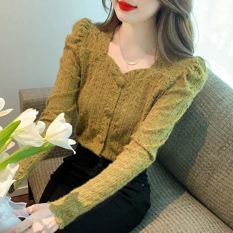 

Autumn V Neck Women Lace Blouse Vintage Puff Long Sleeve Elegant Female Shirts Casual Fashion Women Clothing Tops Blusas 29727