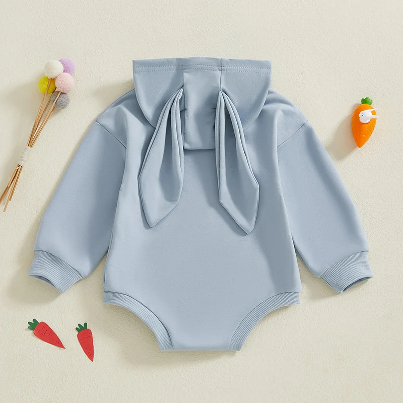 Tregren Newborn Baby My 1st Easter Romper with Rabbit Ears Spring Long Sleeve Letter Print Infant Boys Girls Hooded Bodysuits