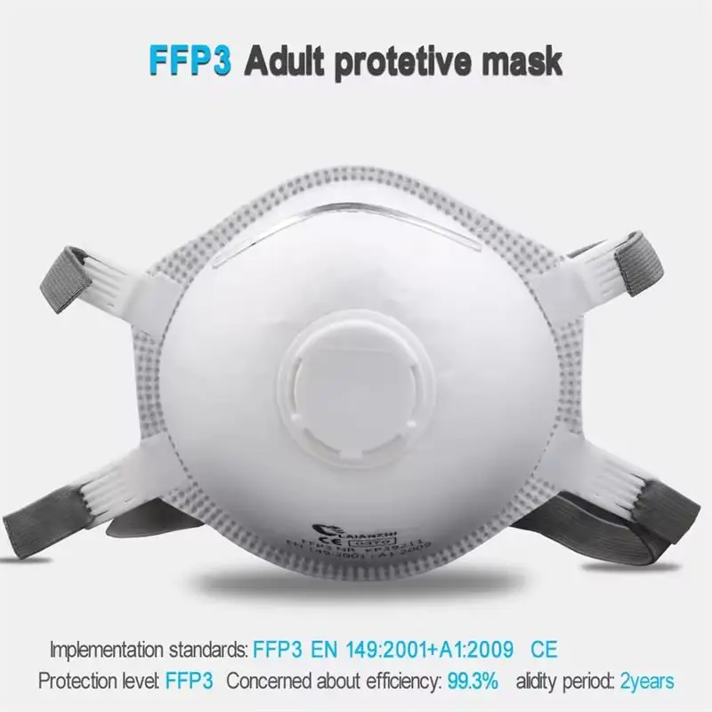 Masque FFP3 blanc avec valve, jetable, protection PM2.5, vue de côté