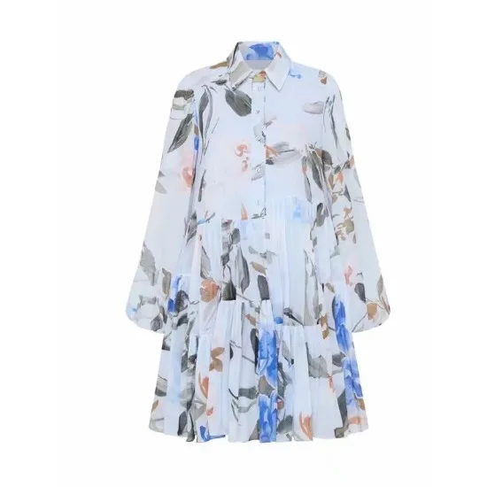 

2024 Spring Summer Blue Green Orange Print Ruched Prairie Chic Long Sleeve Loose Mini Dress