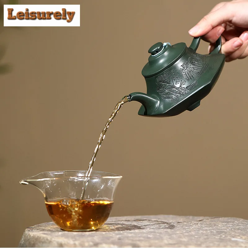 260ml Yixing Purple Clay Teapot Handmade Three-legged Cloud Furnace Pot Raw Ore Blackish Green Mud Kettle With Infuser Zisha Tea