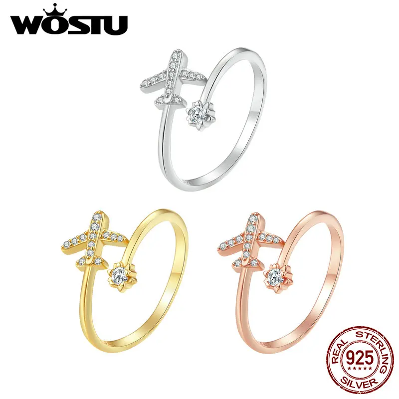 WOSTU 925 Sterling Silver Rose Gold 18K Gold aircraft Opening Rings For Women Delicate Zircon Airplane Ring Party Jewelry Gift