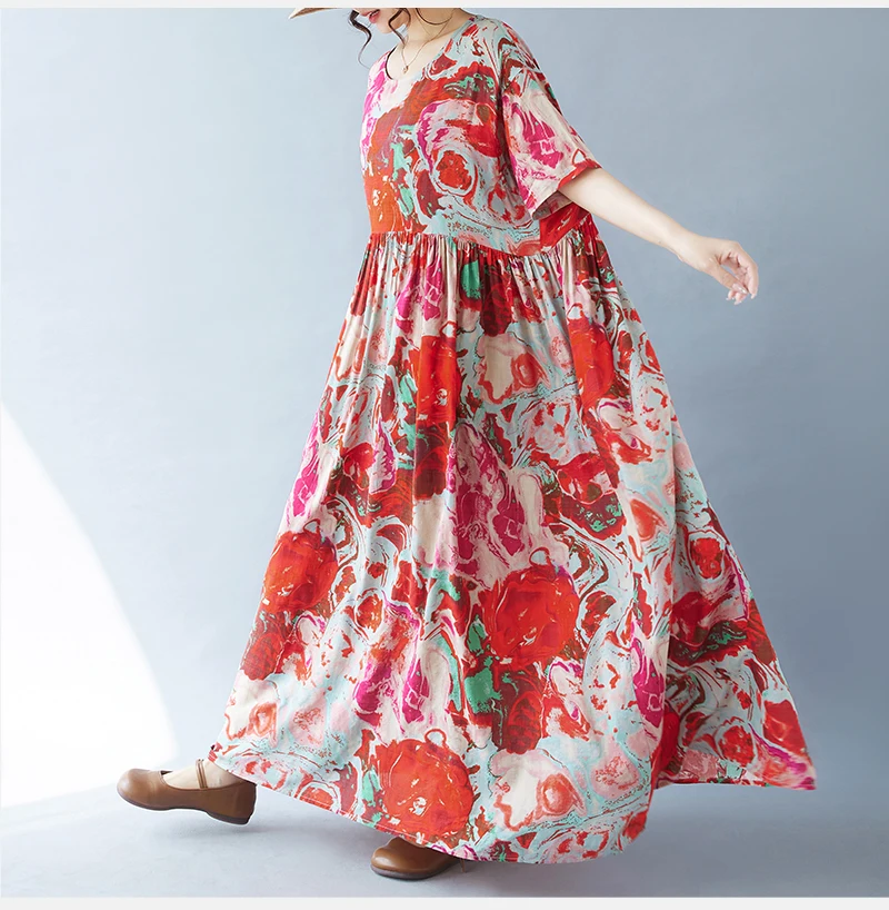 Vintage Boho Cotton Summer Dress - Casual Loose Print Holiday Dress for Women