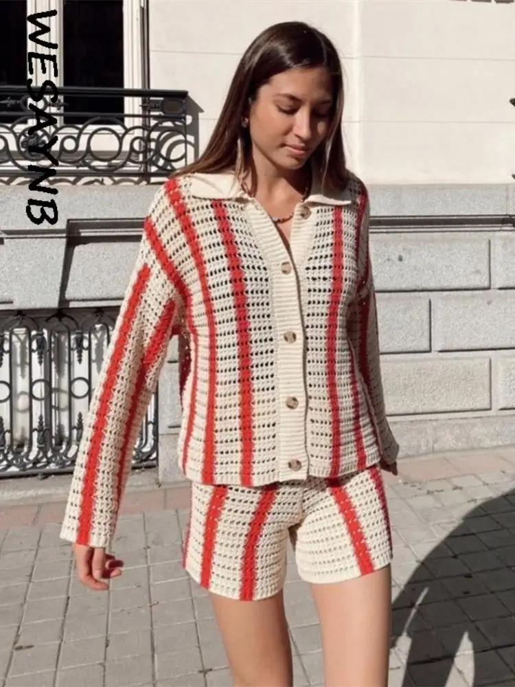 WESAYNB Casual Crochet 2 Two Piece Sets Girl Long Sleeve Tops+Activewear  Casual Sweater Red Green Stripe Womens Outfits 2022 - AliExpress