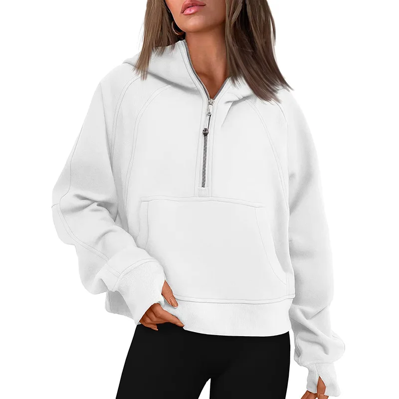 

Women Autumn Loose Half Zip Hoodie Pullover Thickened Plush Hooded Solid Long Sleeve Tops Draw String Loose Sweater Pockets