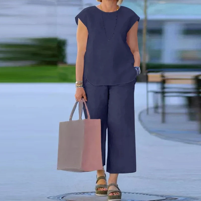 

Vintage Casual Solid Cotton Linen Outfits Women O Neck Short Sleeve and Straight Pants Sets Spring Summer Two Piece Office Suits