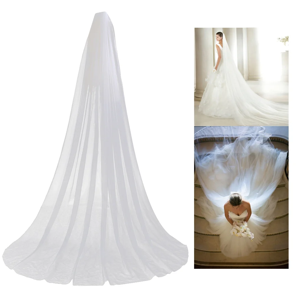 

Long Wedding Veil Single Layer Tulle Cathedral Chapel Floor Veils with Hair Side Comb for Bride (White)