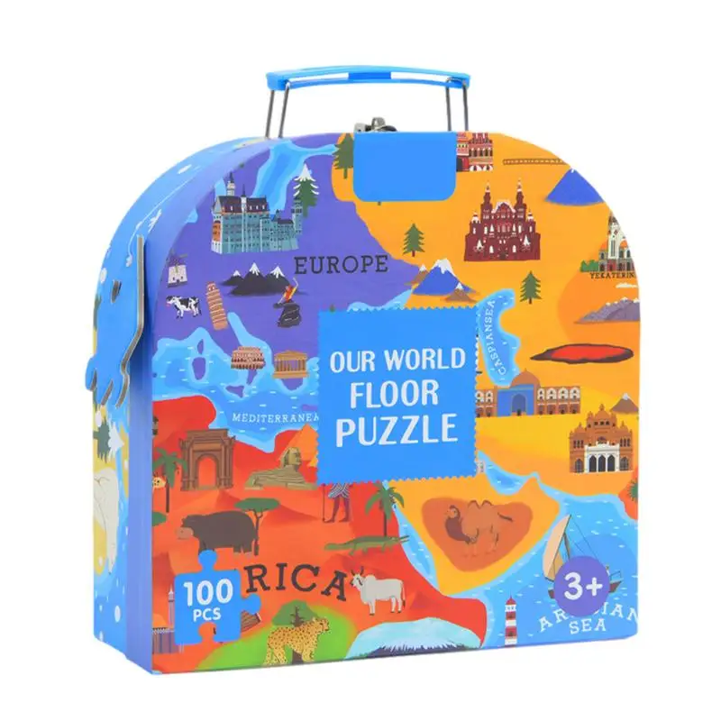 100Pcs World Map Jigsaw Puzzles With Exquisite Travel Buckle Suitcase Geography Jigsaw Globe Continents Humanities Kids Learning