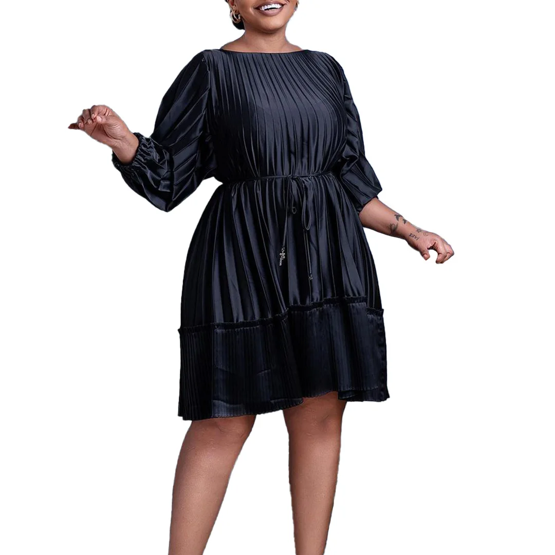 

Pleated Dress 2023 Summer Elegant African Women 3/4 Lantern Sleeve Polyester Mini Dress S-3XL African Dresses for Women