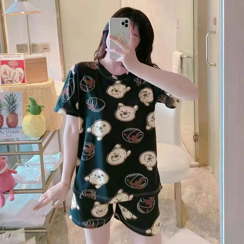 Summer Pajamas Girl Women Short Sleeve T Shirt Shorts 2Pcs Set Cartoon Mickey Minnie Mouse Pooh Print Cute Anime Home Suit M-XXL cute baby sleepwear