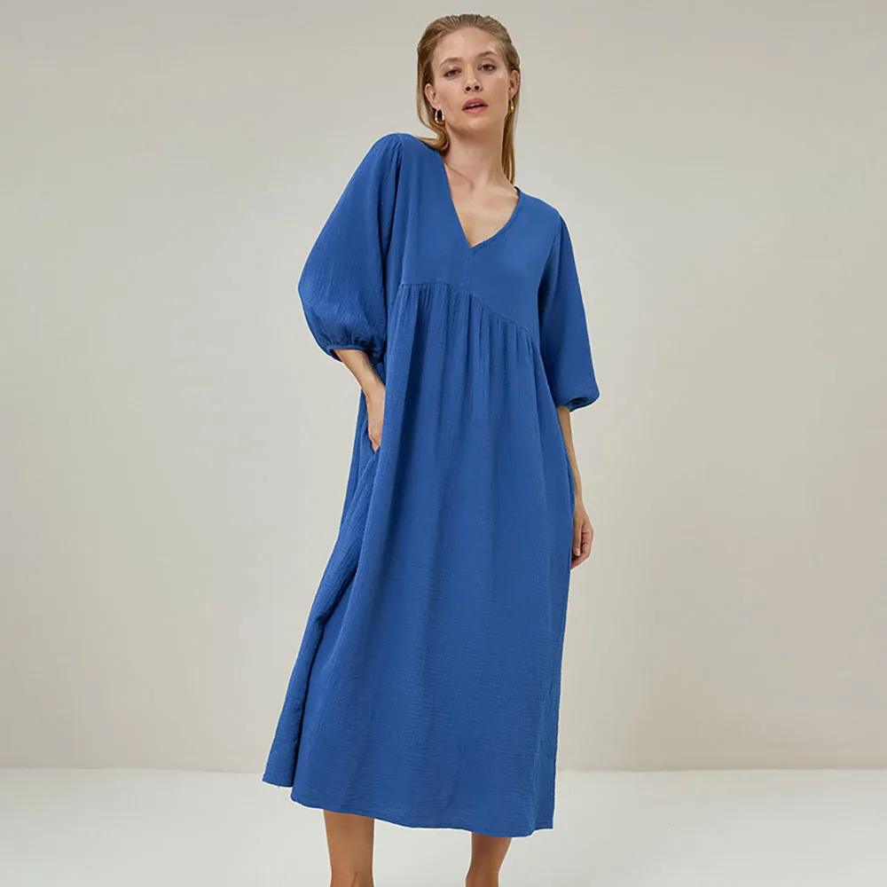 2024 Spring New Loose Casual Blue Cotton Long Nightdress For Women Three Quarter Sleeve V-Neck Solid Simple Lady Home Nightgown