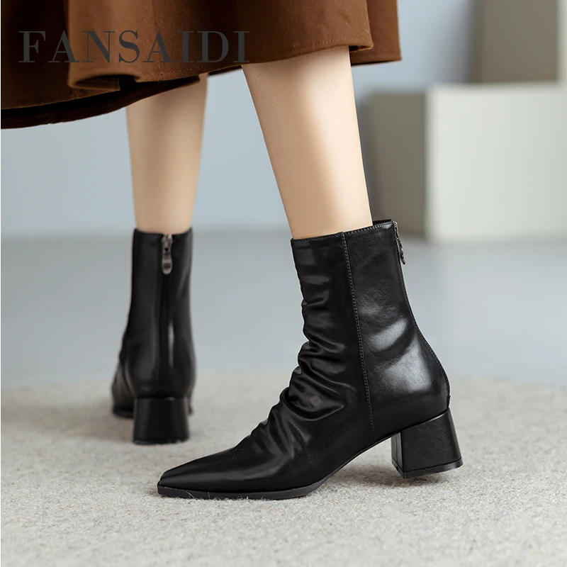 

Женские ботинки из натуральной кожи FANSAIDI, однотонные коричневые ботильоны на толстом каблуке 5 см с квадратным носком, для зимы, 2023