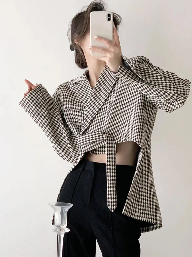 Houndstooth Plaid Blazer Women’s Black Irregular Suit Jacket Streetwear Korean Ribbon Cropped Womens Coat Office Lady Elegant Striped Jackets Outwear Plus size Blazers for Woman 