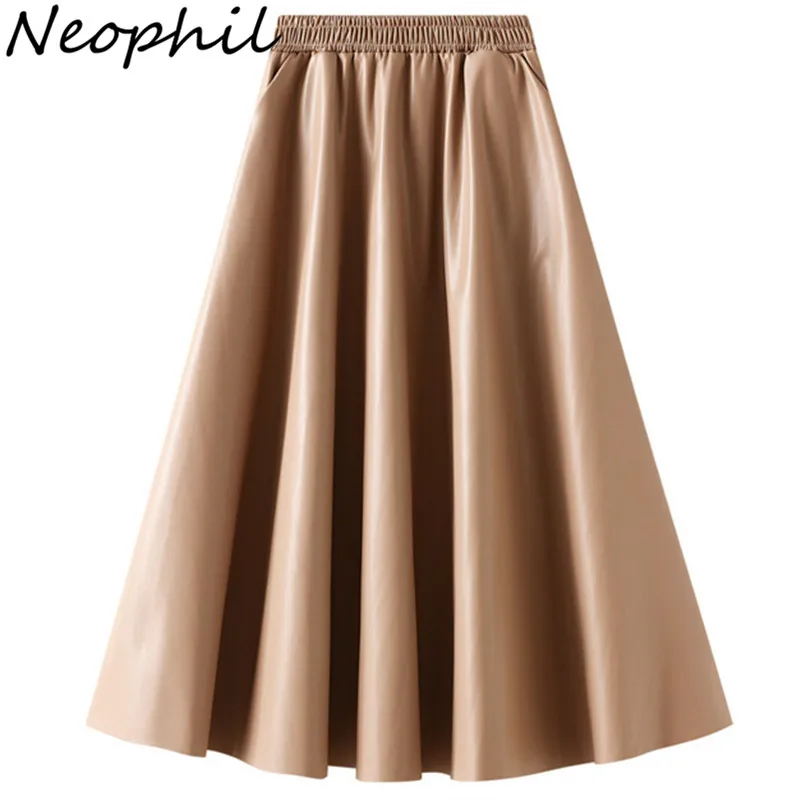Neophil Vintage Winter Women Leather Long Skirts Retro Elastic Waist Brown Pleated Swing Flare Latex Skirt With Pockets S220708