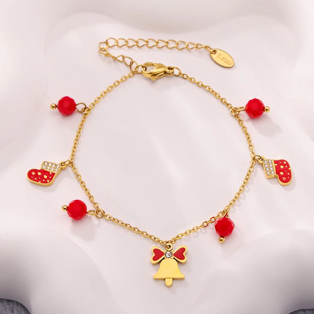 Exquisites Weihnachtsglocken-Schmuckset für Damen: Halskette, Ohrringe, Armbänder aus Edelstahl mit Kubanischer Kette und Rotem Achat – Detail 7